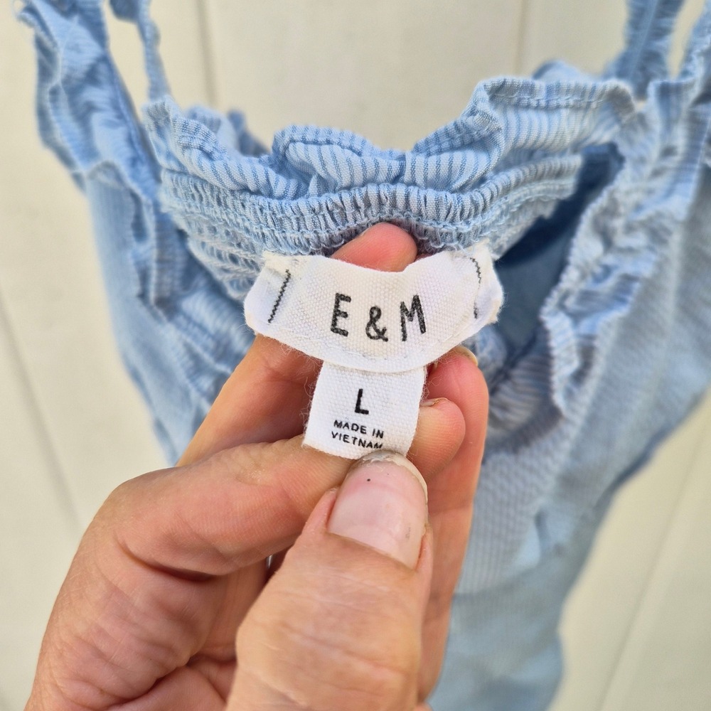 E&M Blue Seersucker Ruffle Peplum Camisole Cottagecore, Coquette Large - Picture 3 of 6